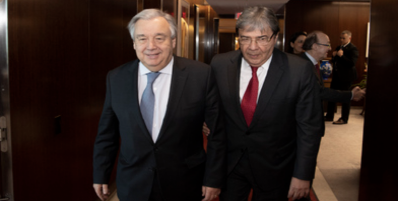 Secretary-General António Guterres (left) meets with Carlos Holmes Trujillo García, Minister for Foreign Affairs of the Republic of Colombia. UN Photo