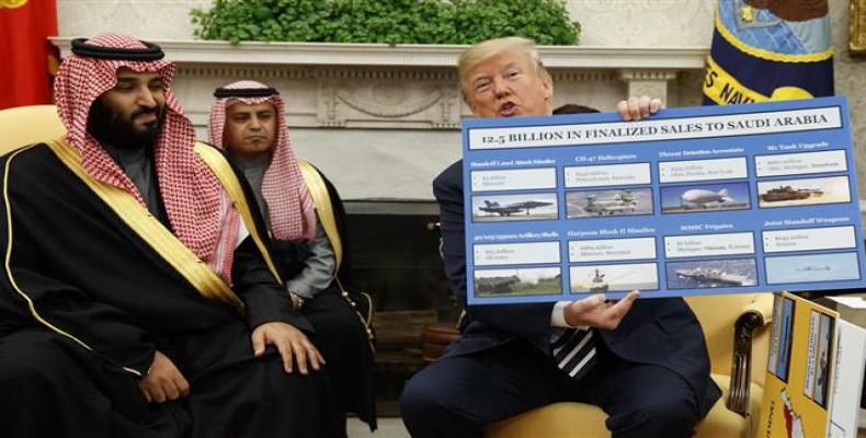 US President Donald Trump holds a military sales chart in a meeting with Saudi Arabia's Crown Prince Mohammed bin Salman, March 20, 2018 in Washington, DC.  Pho