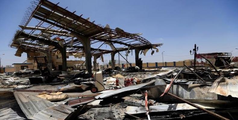 The file photo, taken on May 27, 2018, shows a view of a destroyed petrol station that was hit by an airstrike in the Yemeni capital Sana'a.   Photo: AFP