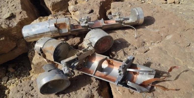 In this file picture, two BLU-108 canisters, one with two skeet (submunitions) still attached, is seen in the al-Amar area of al-Safra in Sa’ada province, north