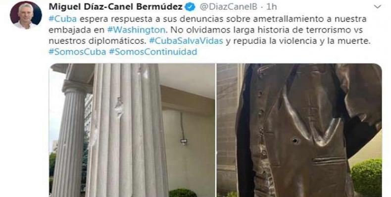 Miguel Díaz-Canel Bermúdez, afirmó que el país espera respuesta a sus denuncias sobre el ametrallamiento a la embajada en Washington. Foto: PL.