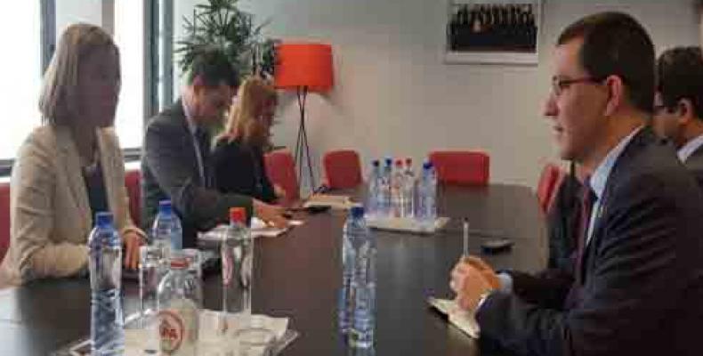 Jorge Arreaza en reunión con Federica Mogherini.Foto:LRS