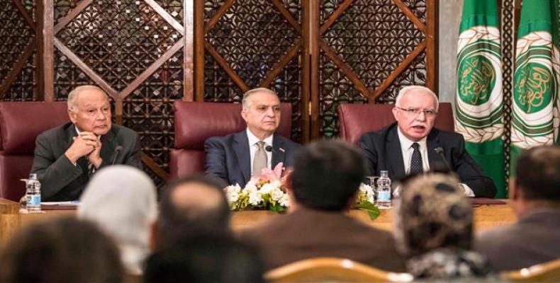 Arab League Secretary-General Ahmed Aboul Gheit, Palestinian Foreign Minster Riyad al-Maliki and Iraqi Foreign Minister Mohamed Alhakim.