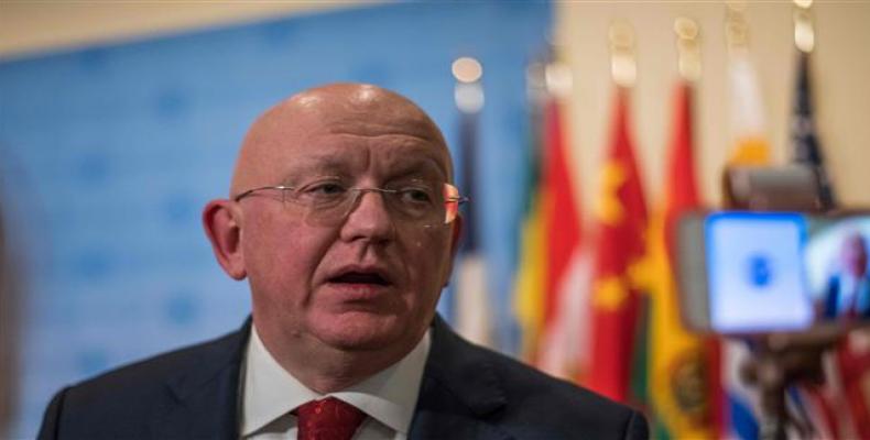 Russian Ambassador to the United Nations Vasily Nebenzia speaks to the media, during a Security Council meeting on the situation in Venezuela, at the UN headqua