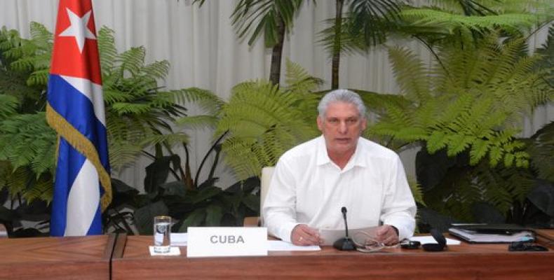 Cuban President Díaz-Canel speaking at the ALBA-TCP virtual conference