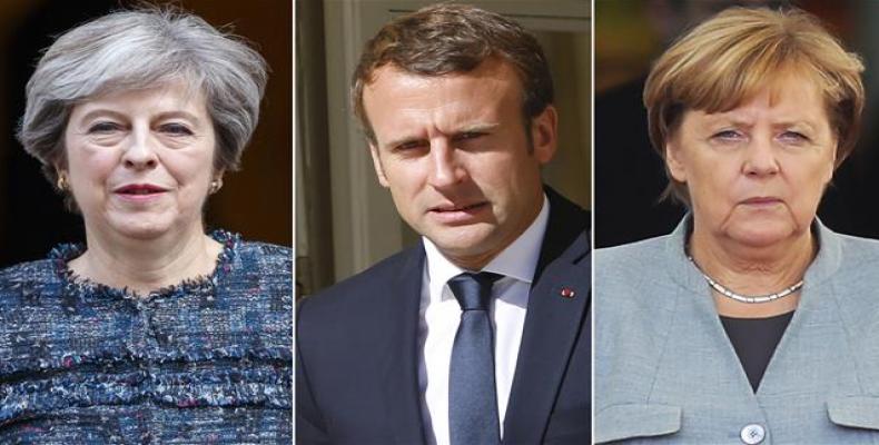 British Prime Minister Theresa May (L), French President Emmanuel Macron (C), and German Chancellor Angela Merkel.  Photo: File composite