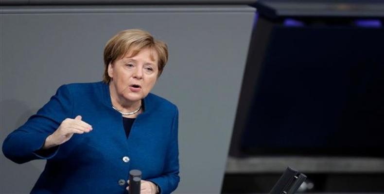 German Chancellor Angela Merkel delivers a speech at the German parliament in Berlin.  Photo: AP