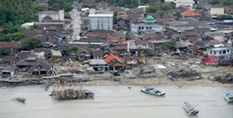 An aerial view of an affected area after the tsunami hit the coast of Pandeglang in Indonesia. Internet Photo