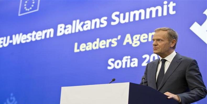 European Council President Donald Tusk at news conference in Bulgaria. Photo: AP