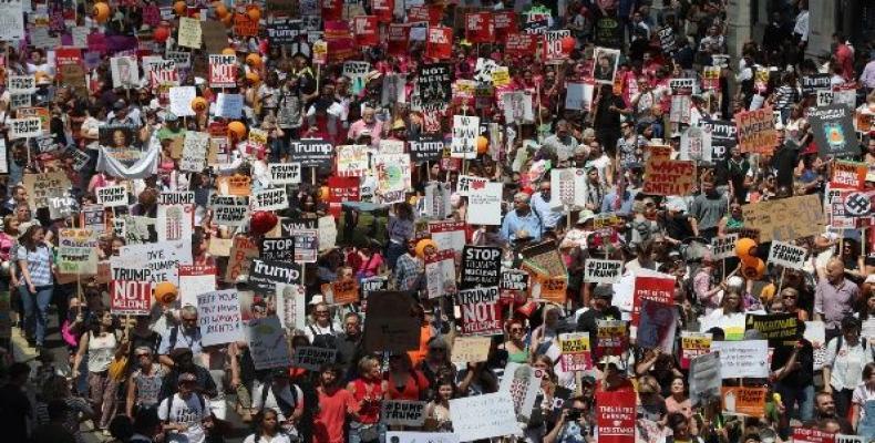 Demonstrators protest against the visit of U.S. President Donald Trump in central London, UK.   Photo: Reuters