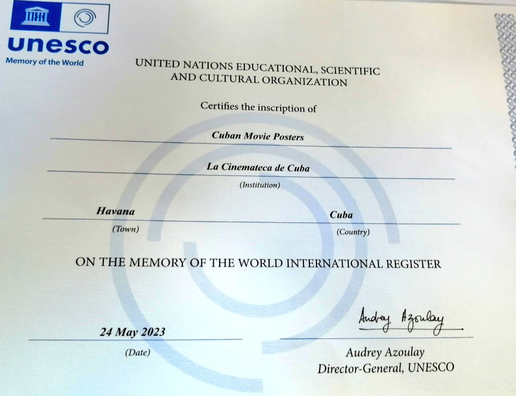 Les documents originaux de l'Unesco pour le mérite du cinéma cubain à Cuba