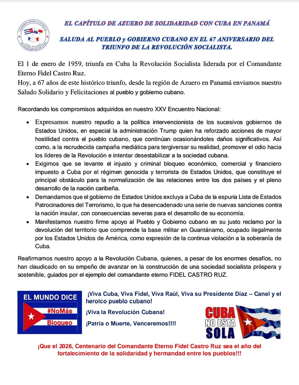 Mensaje de la Coordinadora Nacional de Solidaridad con Cuba en Panamá 