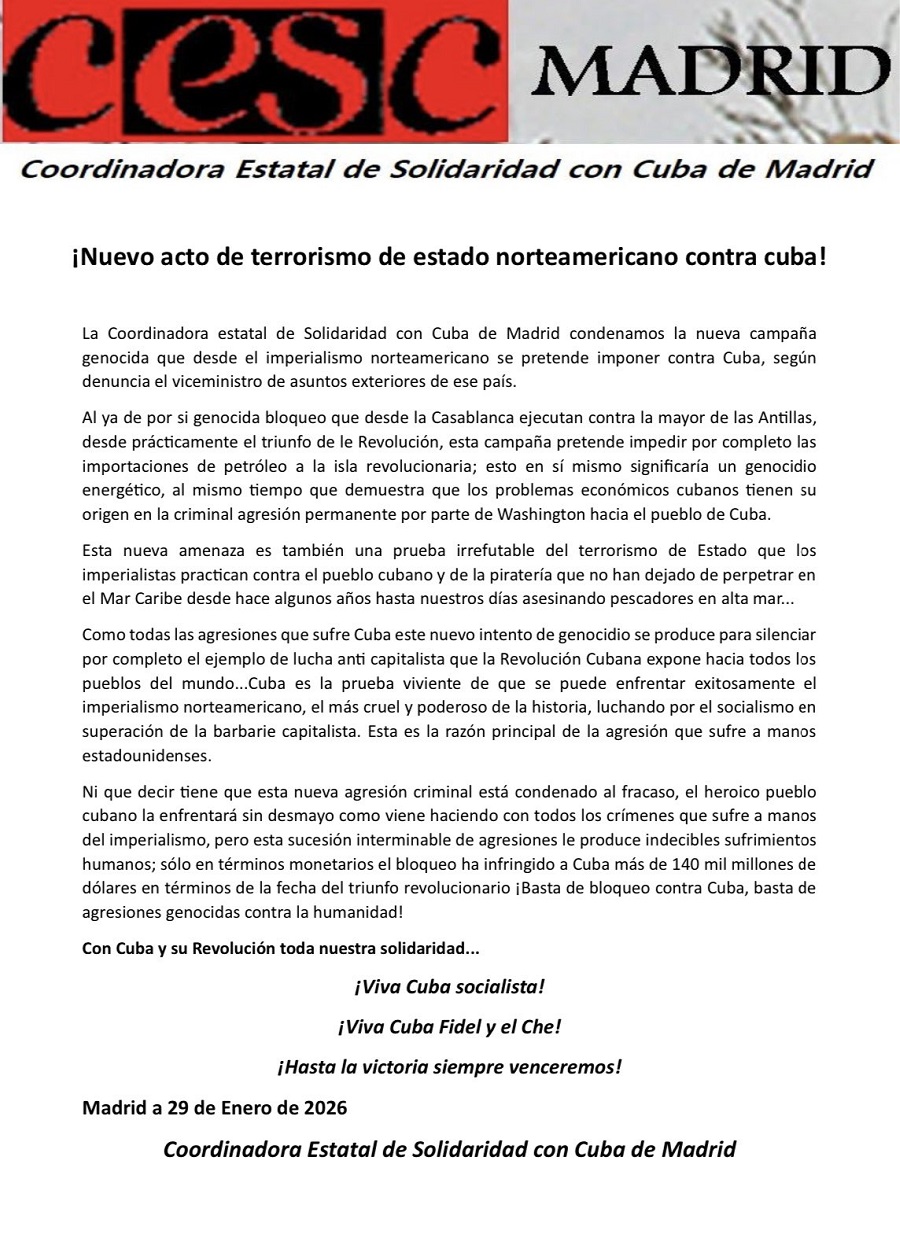 Comunicado de la Coordinadora estatal de Solidaridad con Cuba en Madrid