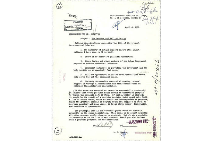 Mallory Memorandum: Basis of U.S. policy of stranglehold against Cuba