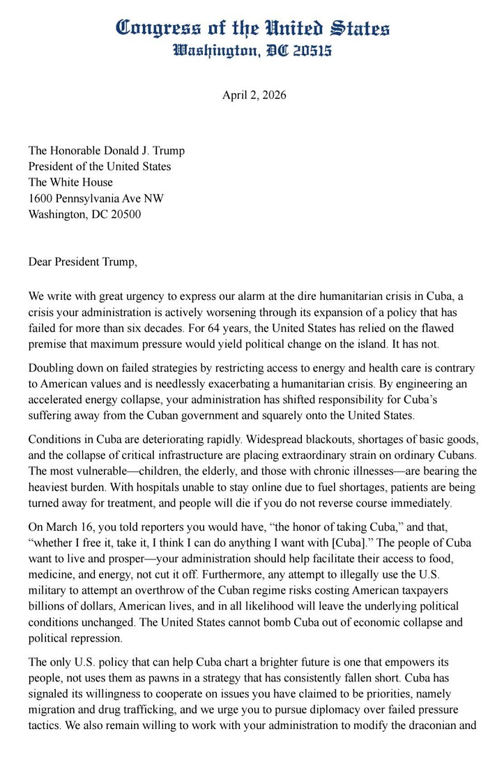 Solicitan 50 congresistas de EE.UU. fin del bloqueo contra Cuba